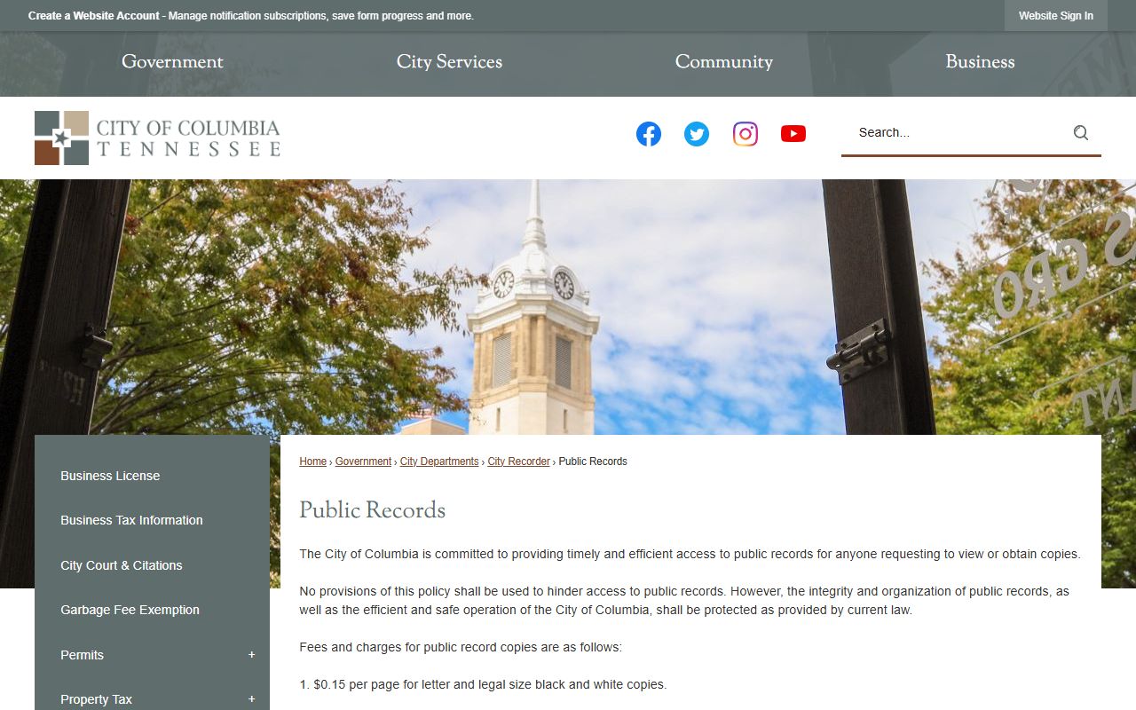 Columbia Phone Directory public records page screenshot