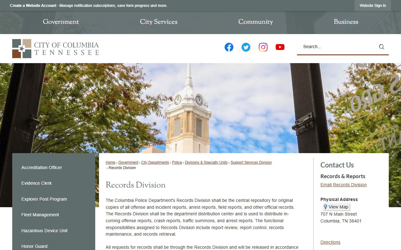 Columbia Phone Directory records division screenshot