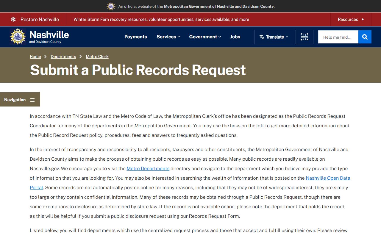 Nashville Phone Directory screenshot of the Metro Clerk public records page