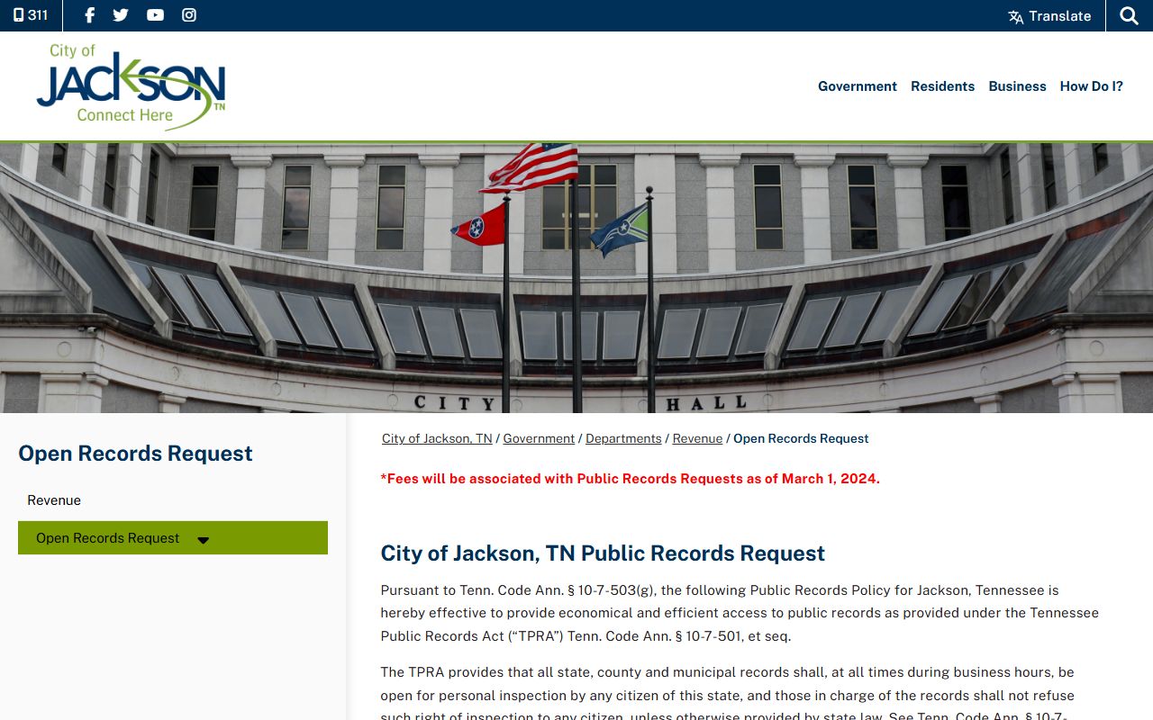 Jackson Phone Directory open records request page