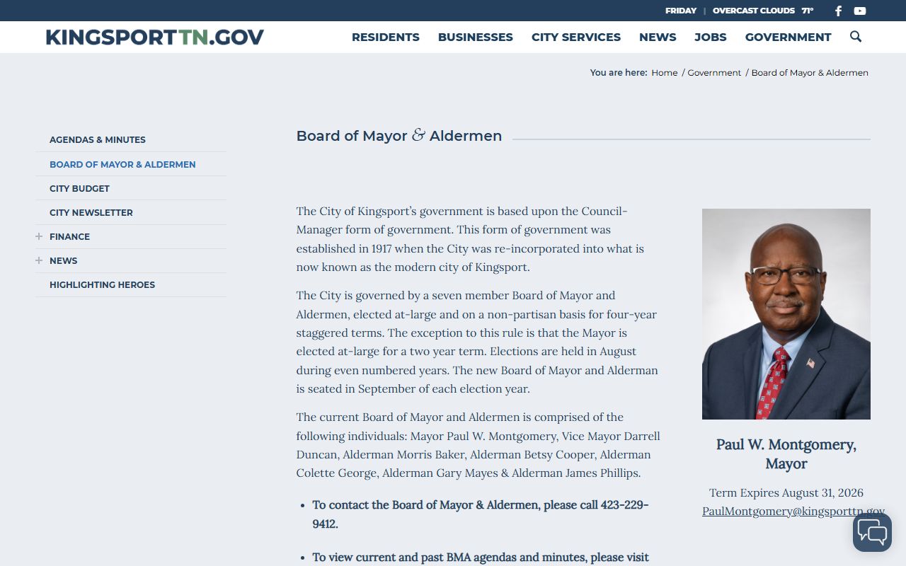 Kingsport Phone Directory board of mayor and aldermen screenshot