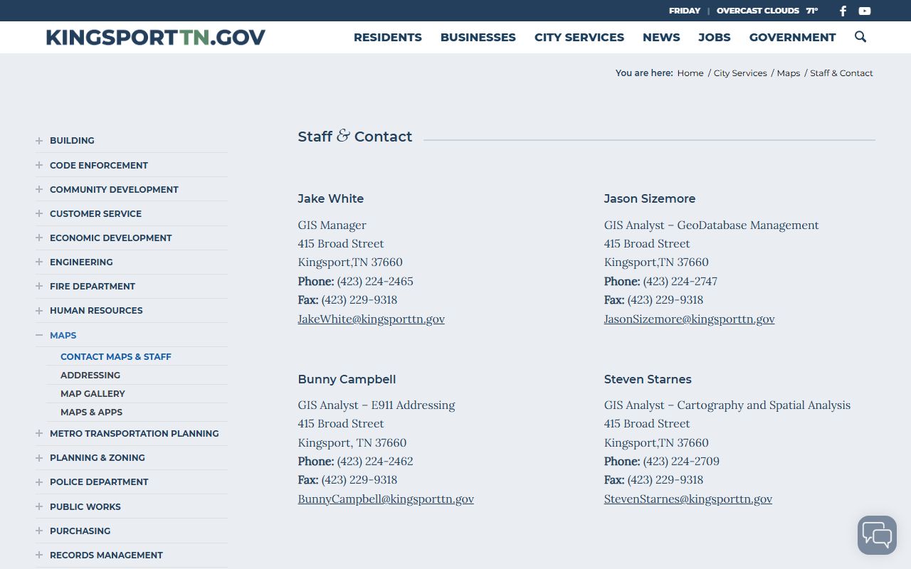 Kingsport Phone Directory staff contacts screenshot