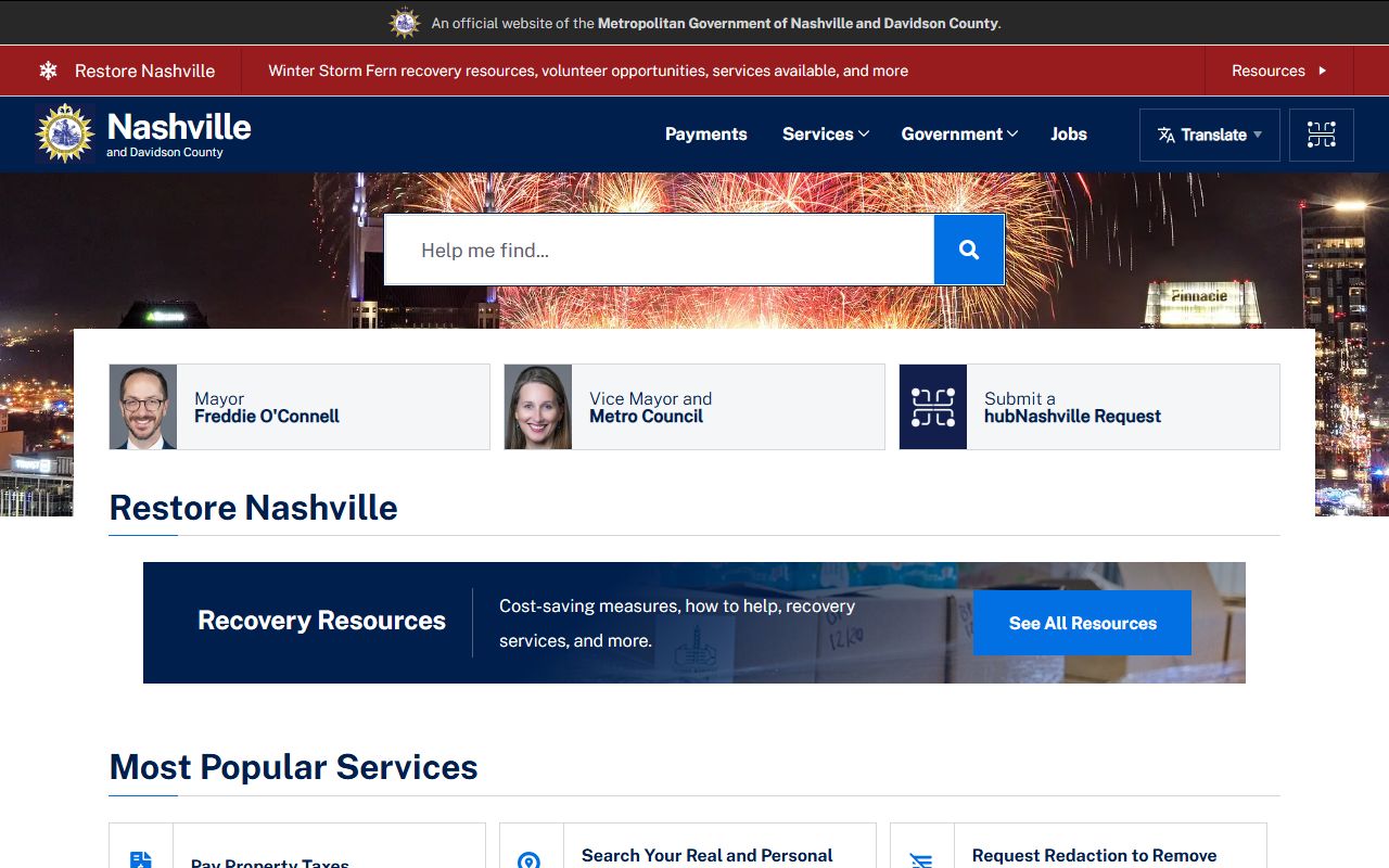 Nashville Phone Directory screenshot of the official Nashville government website