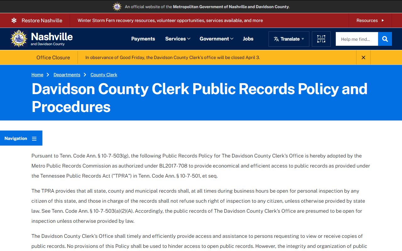 Davidson County Phone Directory screenshot of the county clerk public records policy