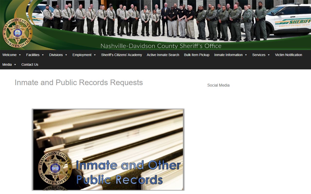 Davidson County Phone Directory screenshot of the sheriff inmate and public records request page