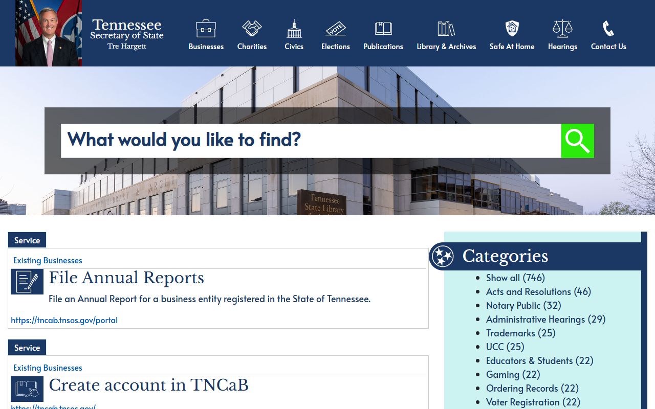 Tennessee Phone Directory view of the Secretary of State business search