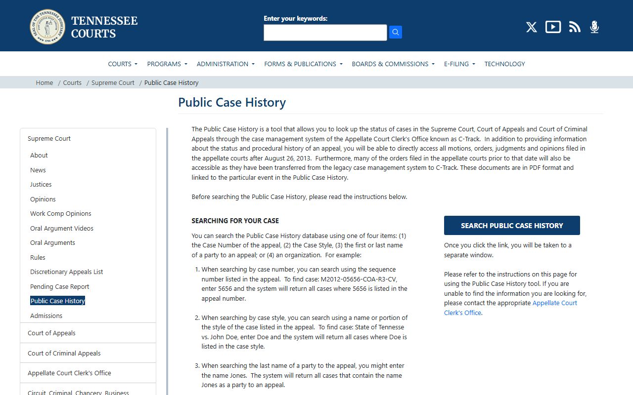 Tennessee Phone Directory view of the Administrative Office of the Courts public case history tool