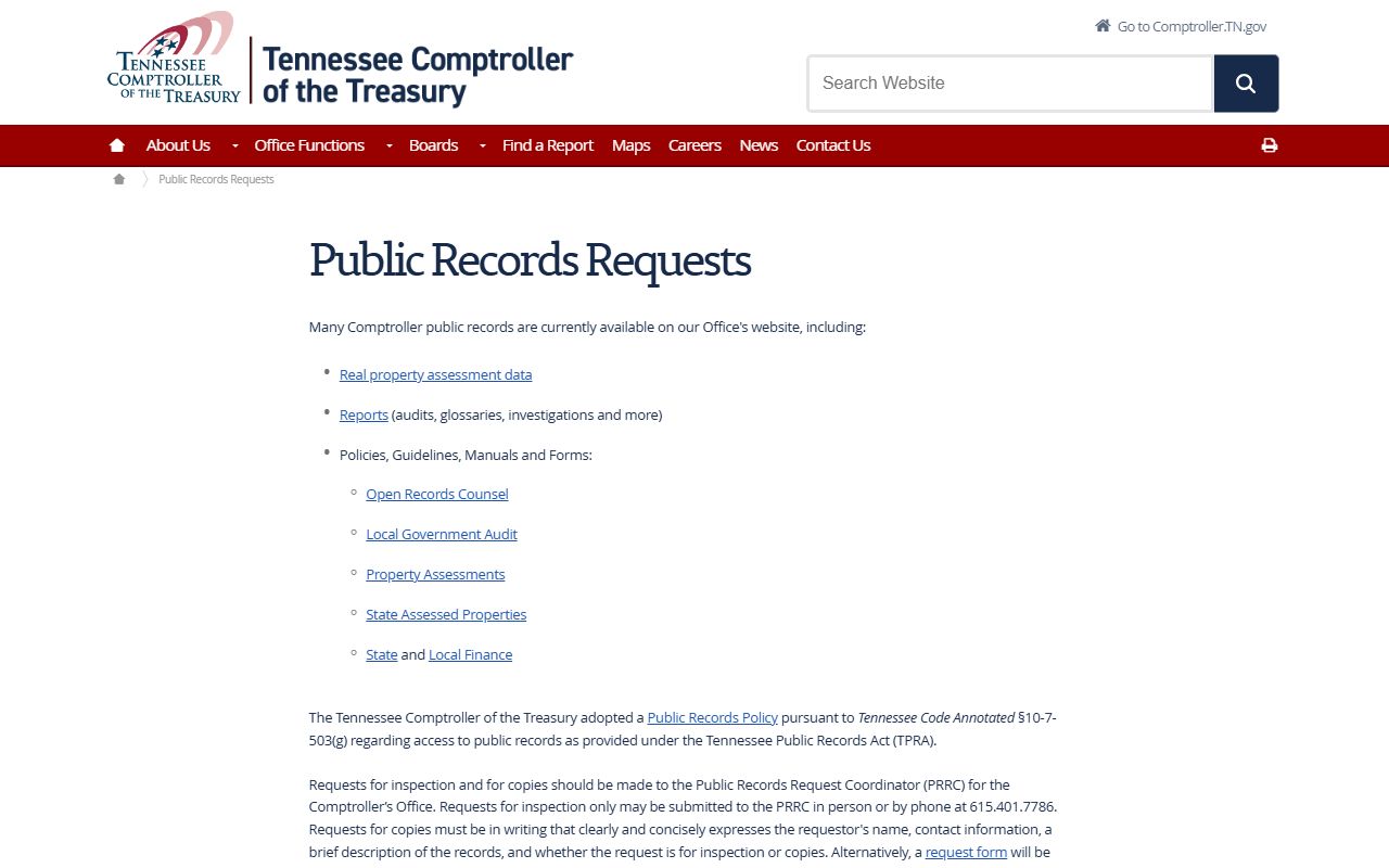 Tennessee Phone Directory example from the Comptroller public records page