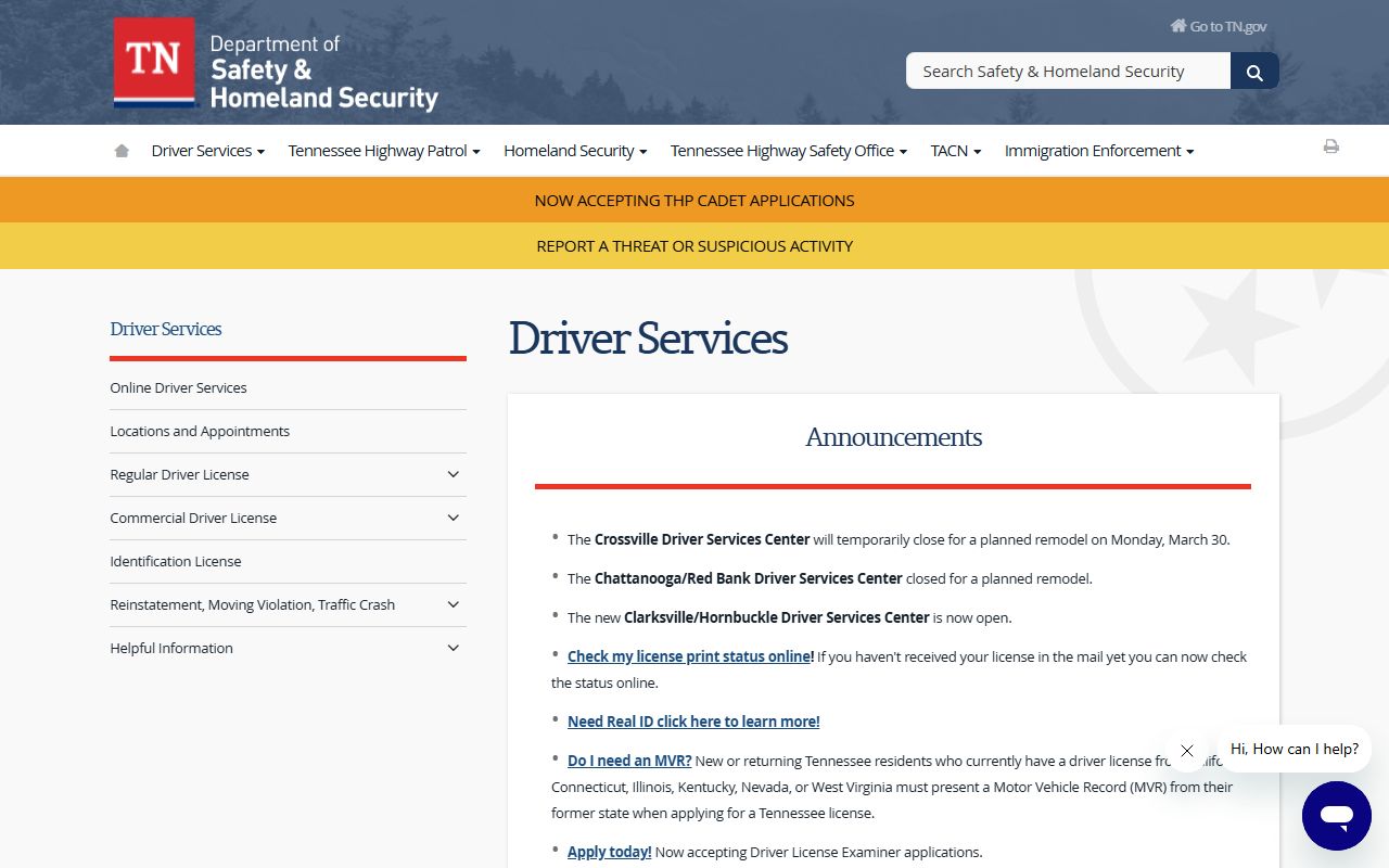 Tennessee Phone Directory example from the Department of Safety driver services page